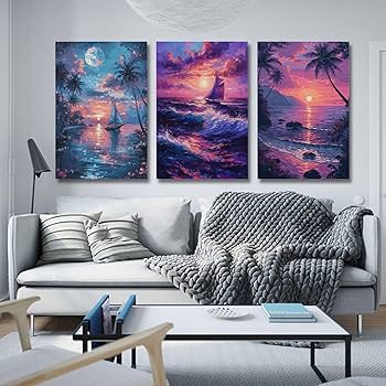 Amazon.co.jp: 3枚 美しい夕日の海の風景 絵画 インテリア